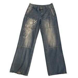 Womens Wide Leg Denim Jeans Graphic Heart Print Distressed Blue Wash